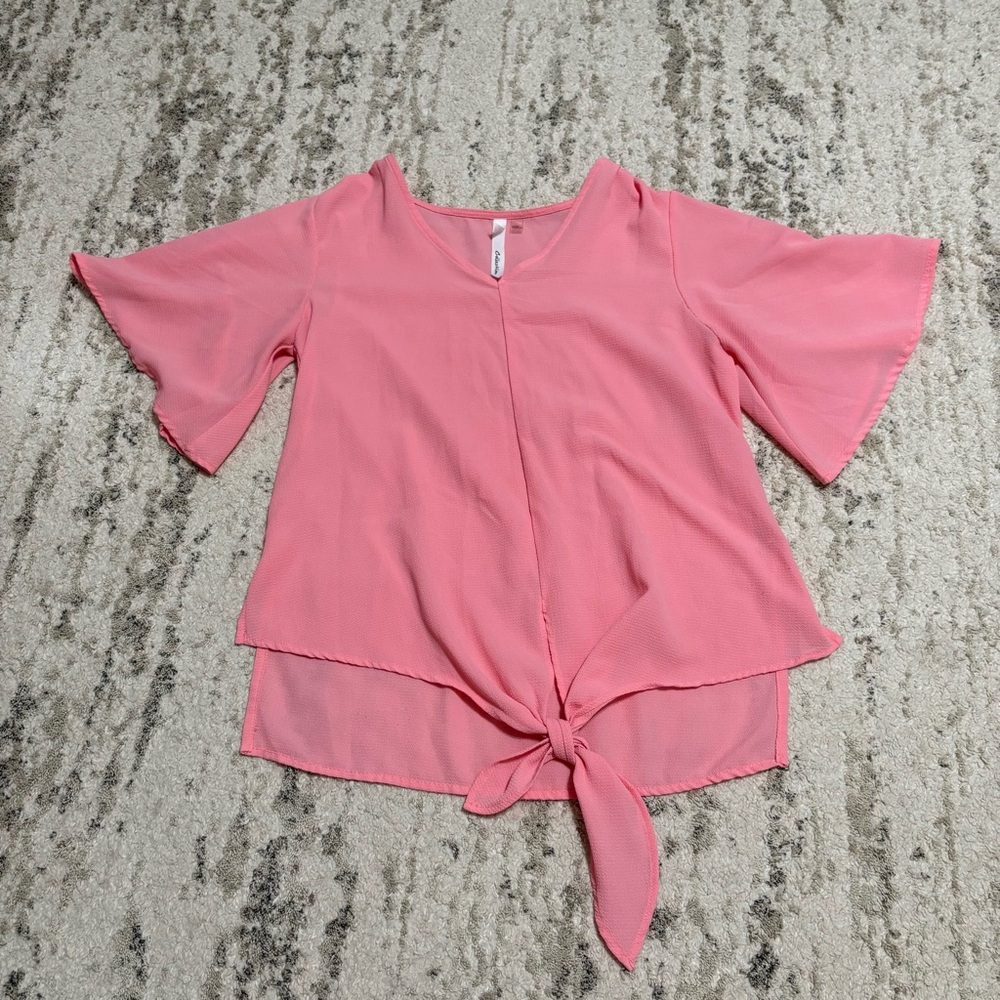 Ny Collection  Pink Blouse Elbow Sleeve Tie-Front Top Barbiecore Sz M